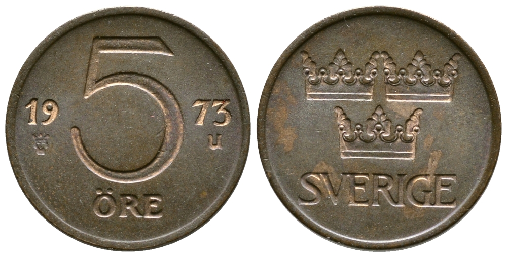 Швеция 5 эре 1973 U, Густав VI Адольф (1950-1973) KM 845 бронза 3458-144