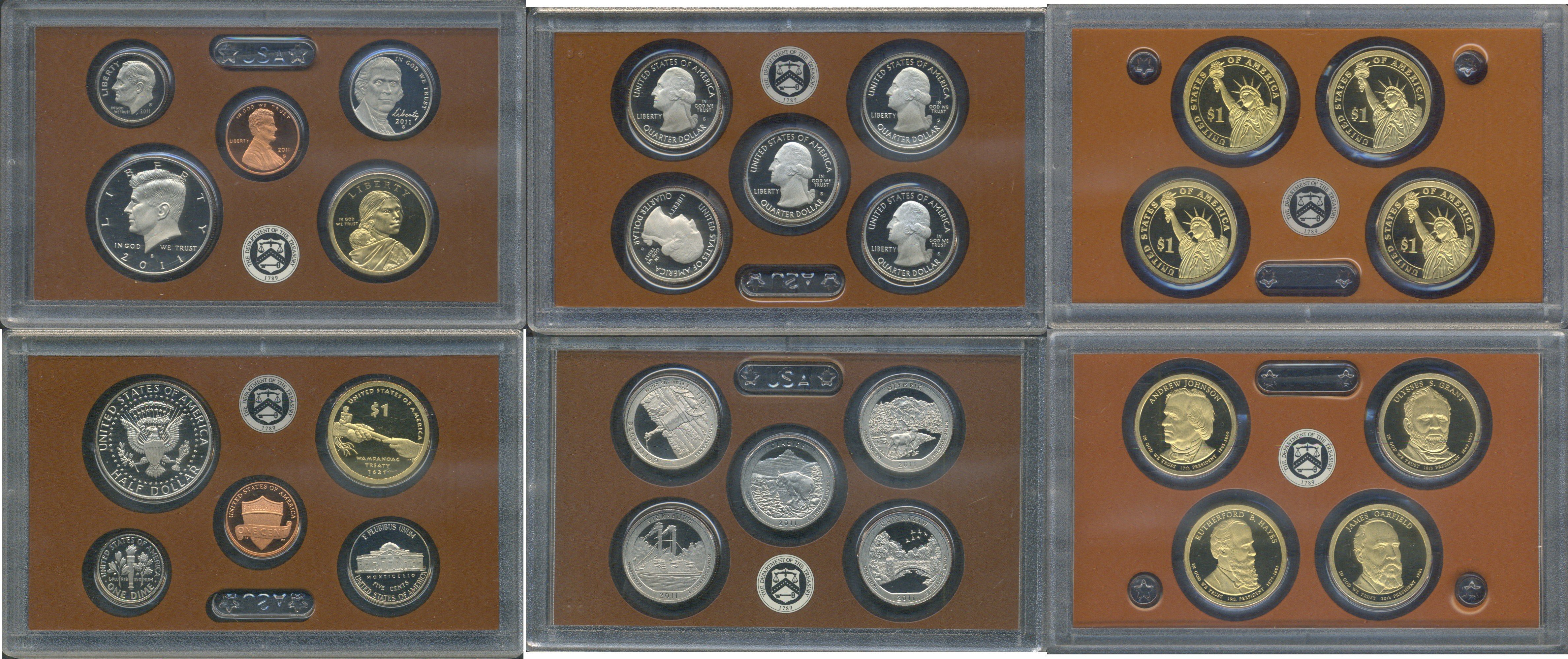 США полный годовой набор из 14 монет (1, 5, 10 (дайм) и 25 (квотер) центов; 1/2 (50 центов) и 1 доллар) 2011 в оригинальной упаковке с сертификатами KM 468, 381, 195a, A202b, 494, 495, 496, 497, 498, 499, 500, 501, 502 и 503 PROOF 8-2-06-76