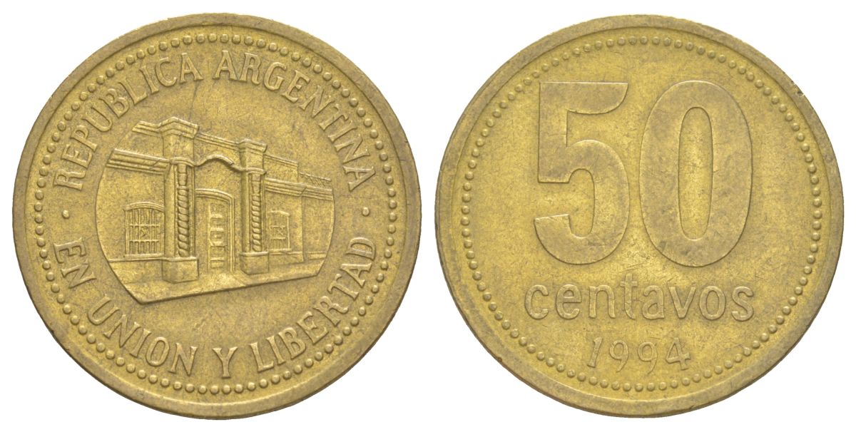 Аргентина 50 сентаво 1994 здание конгресса Тукумана, узкие буквы KM 111.1 алюминиевая бронза 4629-652