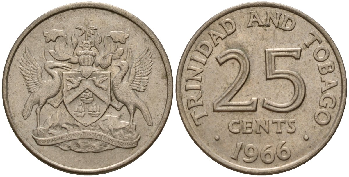 Тринидад и Тобаго 25 центов 1966 герб KM 4 медно-никель 4152-1049