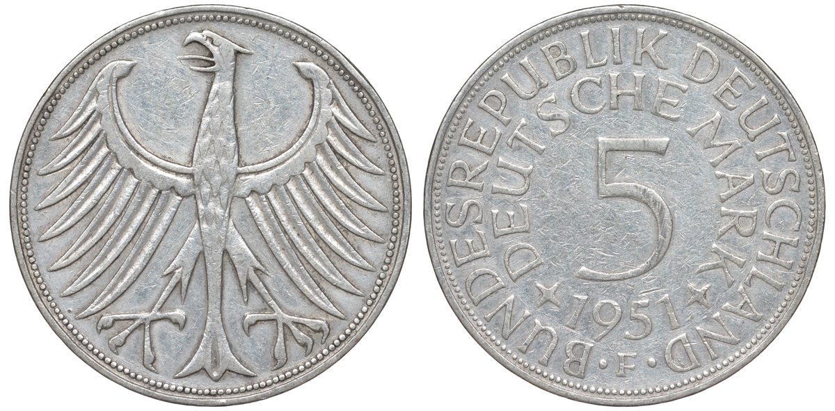ФРГ 5 марок 1951 F, KM 112.1, J.387 серебро 4178-844
