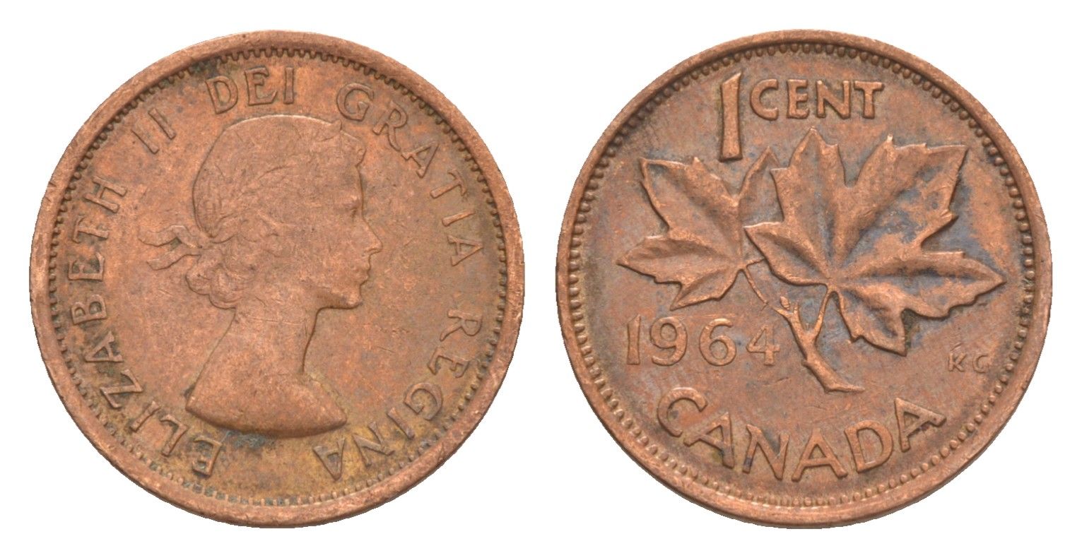 Канада 1 цент 1964 Елизавета II (1952-2022), кленовый лист KM 49 бронза 4639-324