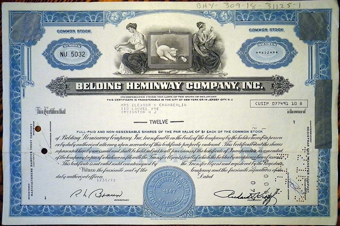 США, Belding Heminway Co, Inc. 12 акций 1972 бумага 8802-83-1