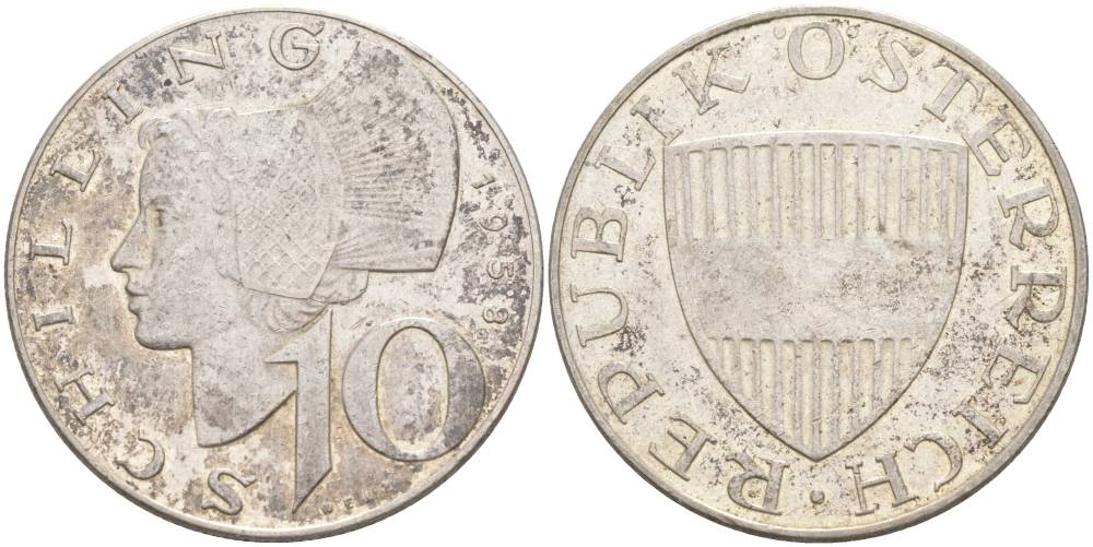 Австрия 10 шиллингов 1958 KM 2882 серебро 186-1217