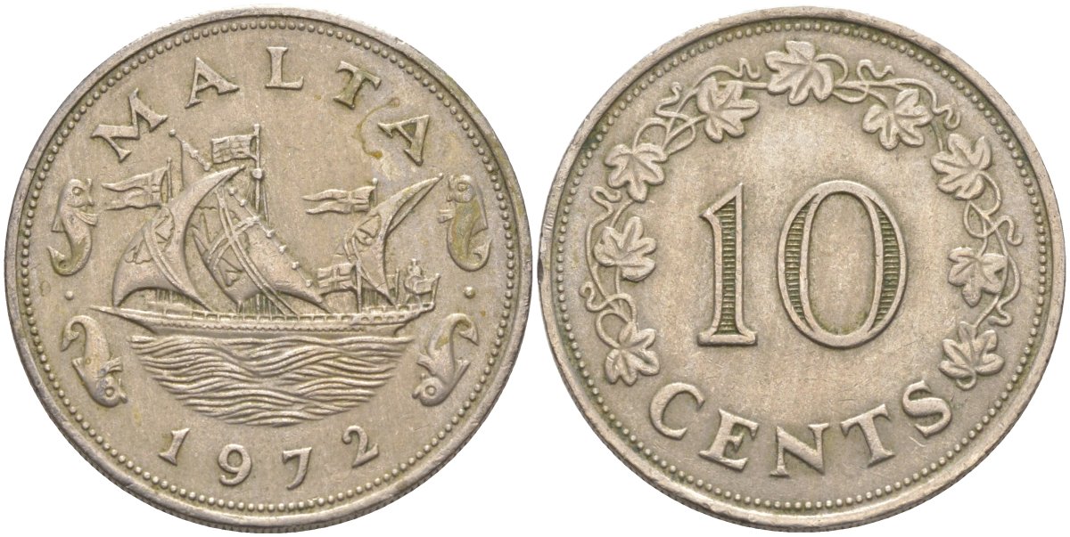 Мальта 10 центов 1972 баржа Великого магистра KM 11 медно-никель 3855-1112