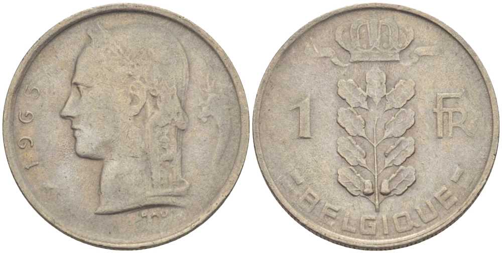 БЕЛЬГИЯ 1 ФРАНК 1965 BELGIQUE, БОДУЭН I (1951-1993) KM 142.1 медно-никель 202-1025