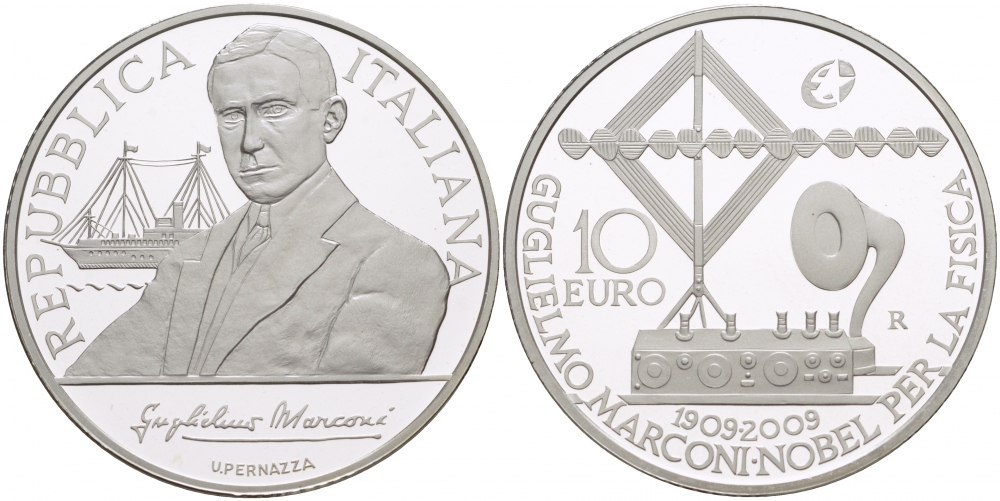 Италия 10 евро 2009 100 лет со дня вручения нобелевской премии Гильермо Маркони, изобретатель радио KM 317 серебро PROOF 11-153-33