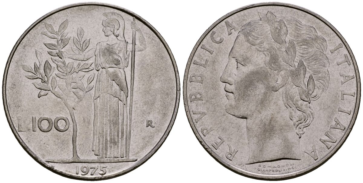 Италия 100 лир 1975 KM 96.1 нержавеющая сталь 4165-1031