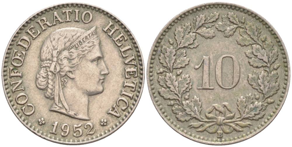ШВЕЙЦАРИЯ 10 РАППЕНОВ 1952 В KM 27 медно-никель 55-234