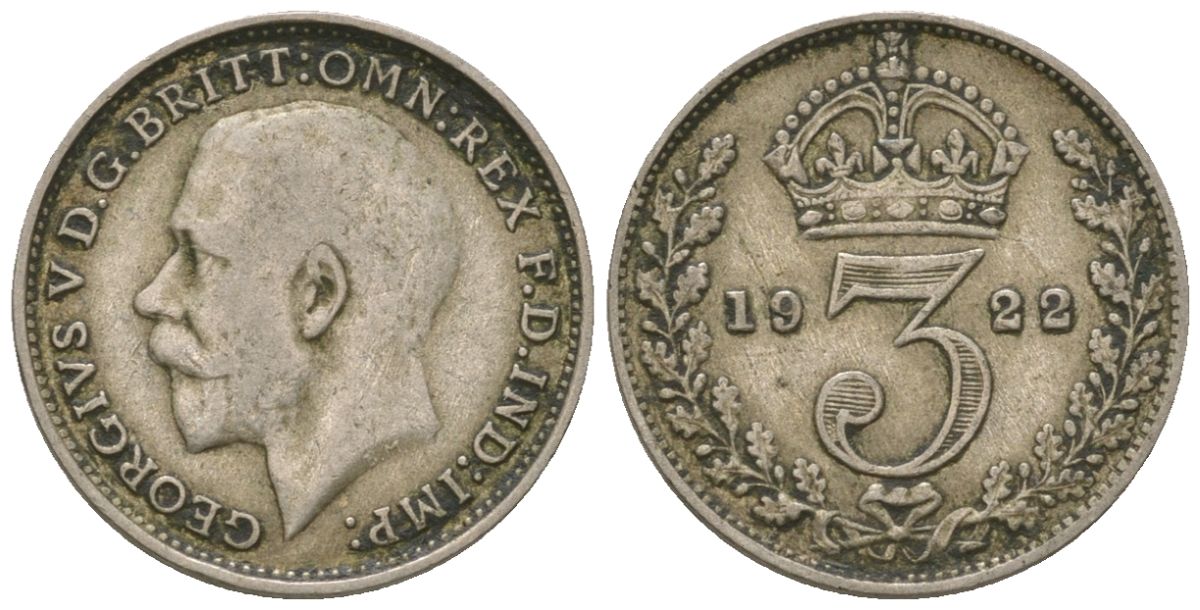 Великобритания 3 пенса 1922 Георг V (1910-1936) KM 813a, Spink 4026 серебро 4615-1033
