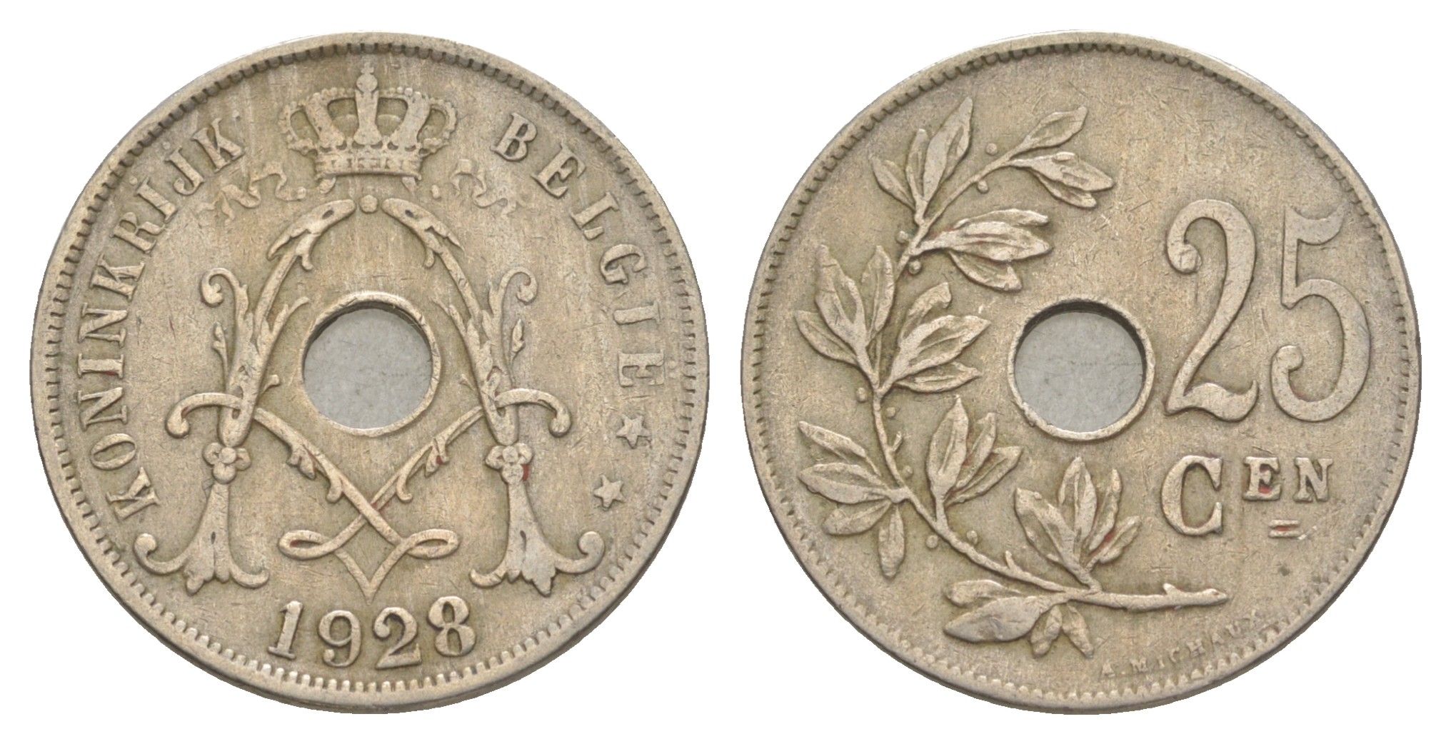 Бельгия 25 сантимов 1928 Belgie, Альберт I (1909-1934) KM 69 медно-никель 4619-555