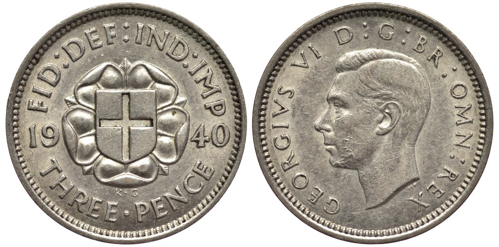 Великобритания 3 пенса 1940 Георг VI (1936-1952) KM 848, Spink 4085 серебро 4528-555