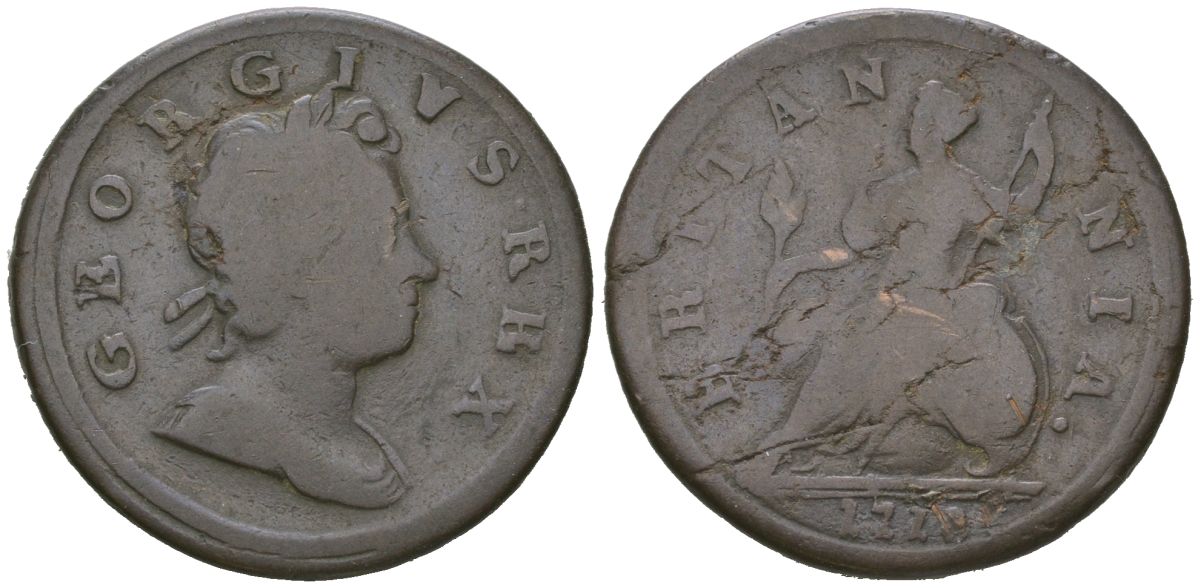 Великобритания 1/2 пенни 1718 Георг I (1714-1727) KM 549, Spink 3659 медь 4590-723