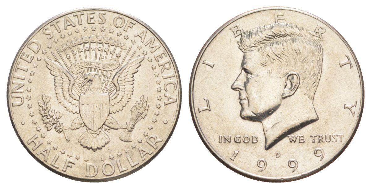 США 1/2 доллара (50 центов) 1999 D, Джон Кеннеди KM A202b медь плакированная медно-никелем aUNC 4517-233