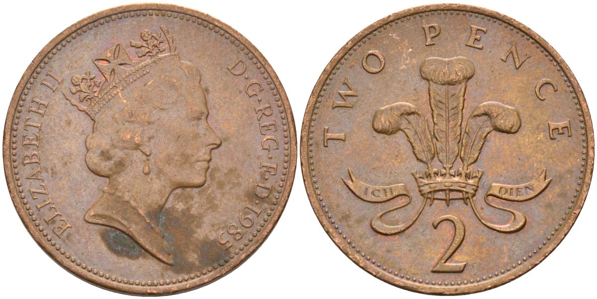 Великобритания 2 пенса 1985 Елизавета II (1952-2022) KM 936, Spink 4376 (C3) бронза 4593-836