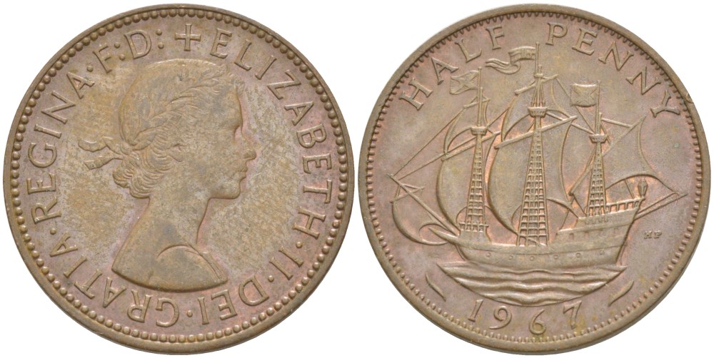 Великобритания 1/2 пенни 1967 Елизавета II (1952-2022) KM 896, Spink 4158 бронза 4544-213