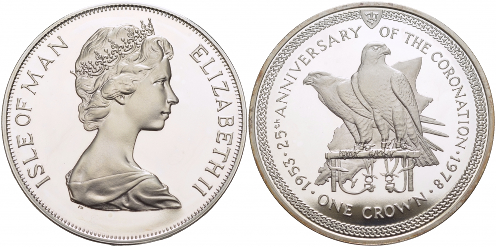 Остров Мэн 1 крона 1978 25 лет коронации королевы Елизаветы II, соколы КМ 43a серебро PROOF 1081-4-33