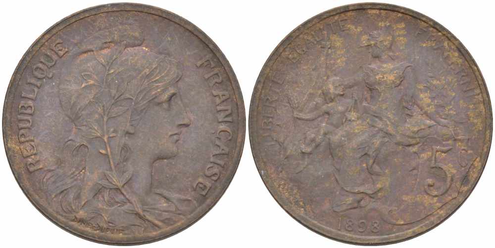 ФРАНЦИЯ 5 САНТИМОВ 1898 ТИП ДАНИЭЛЬ ДЮПЮИ KM 842, LE FRANC 119.5 бронза 108-812