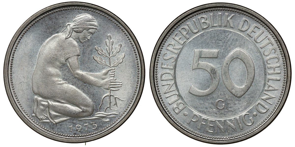 ФРГ 50 ПФЕННИГОВ 1973 G брак!!!! J 384a, KM 109.2 медно-никель aUNC 72-1049