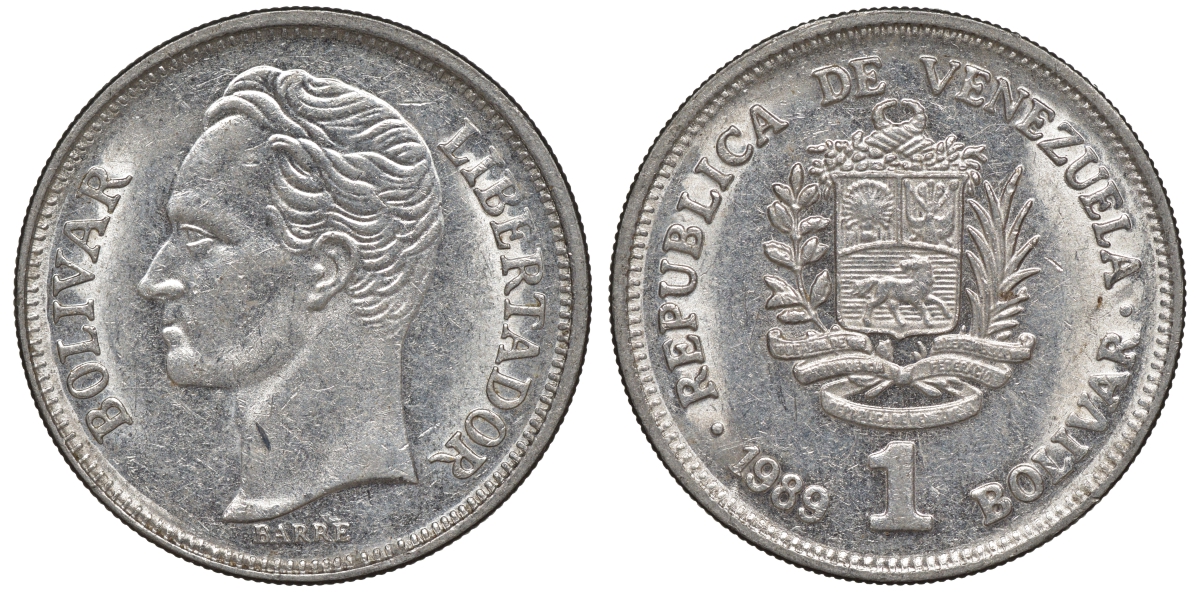 Венесуэла 1 боливар 1989 тонкий шрифт Y 52a.2 сталь плакированная никелем 4606-536