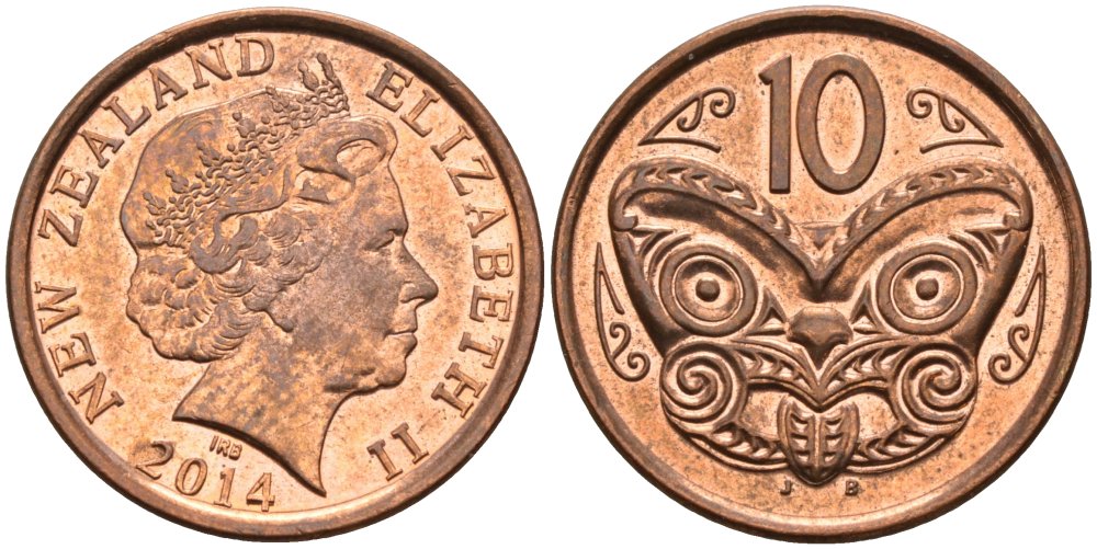 Новая Зеландия 10 центов 2014 маска Маори, Елизавета II (1952-) KM 117а сталь плакированная медью 68-1231
