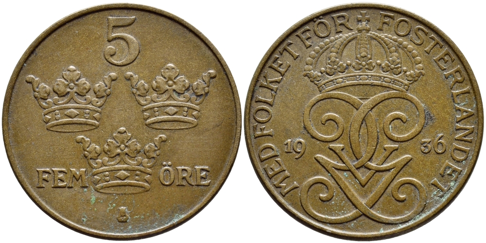 Швеция 5 эре 1936 длинная 6, Густав V (1907-1950) KM 779.2 бронза 4394-933