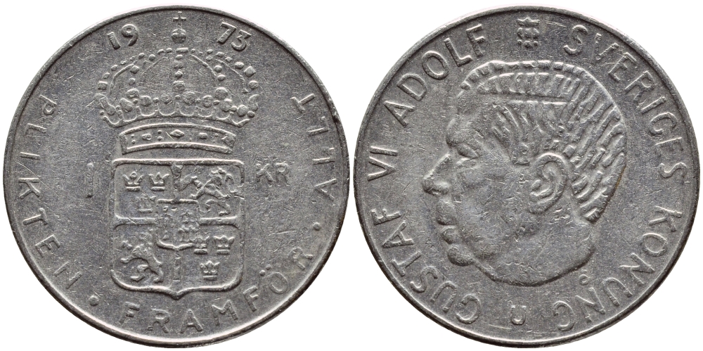 Швеция 1 крона 1973 Густав VI Адольф (1950-1973) KM 826а медь плакированная медно-никелем 4395-556