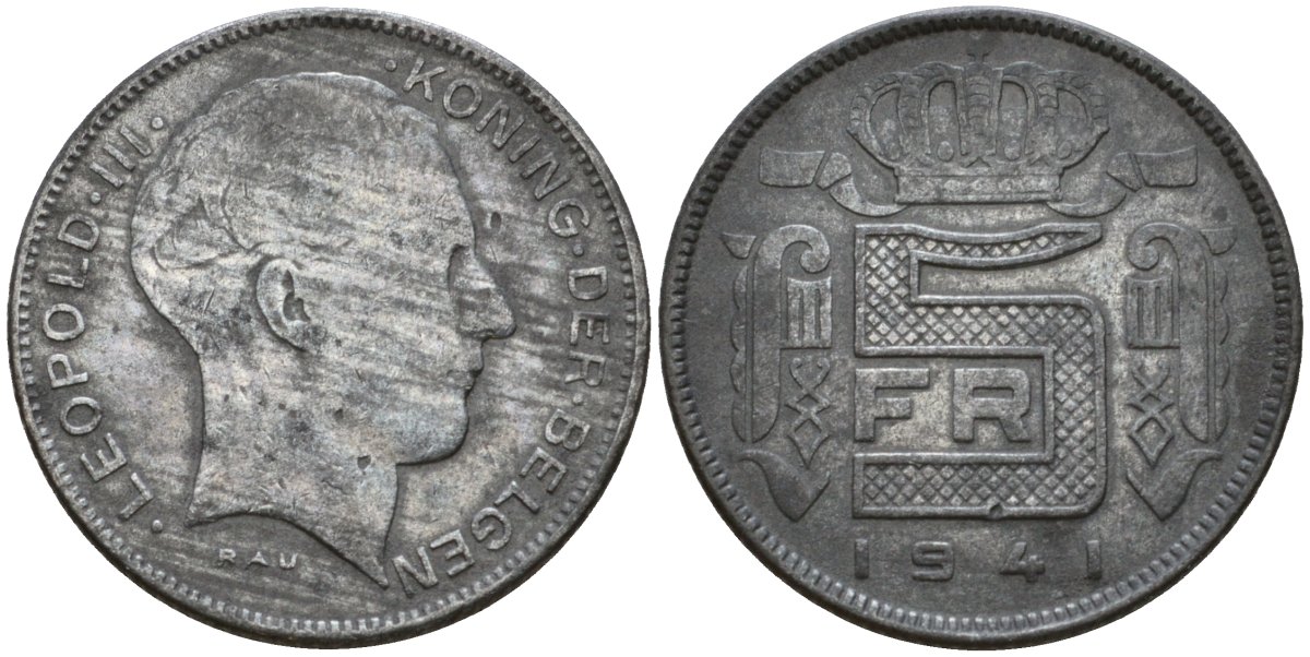 Бельгия 5 франков 1941 DES BELGEN KM 130.1 цинк 4556-1043