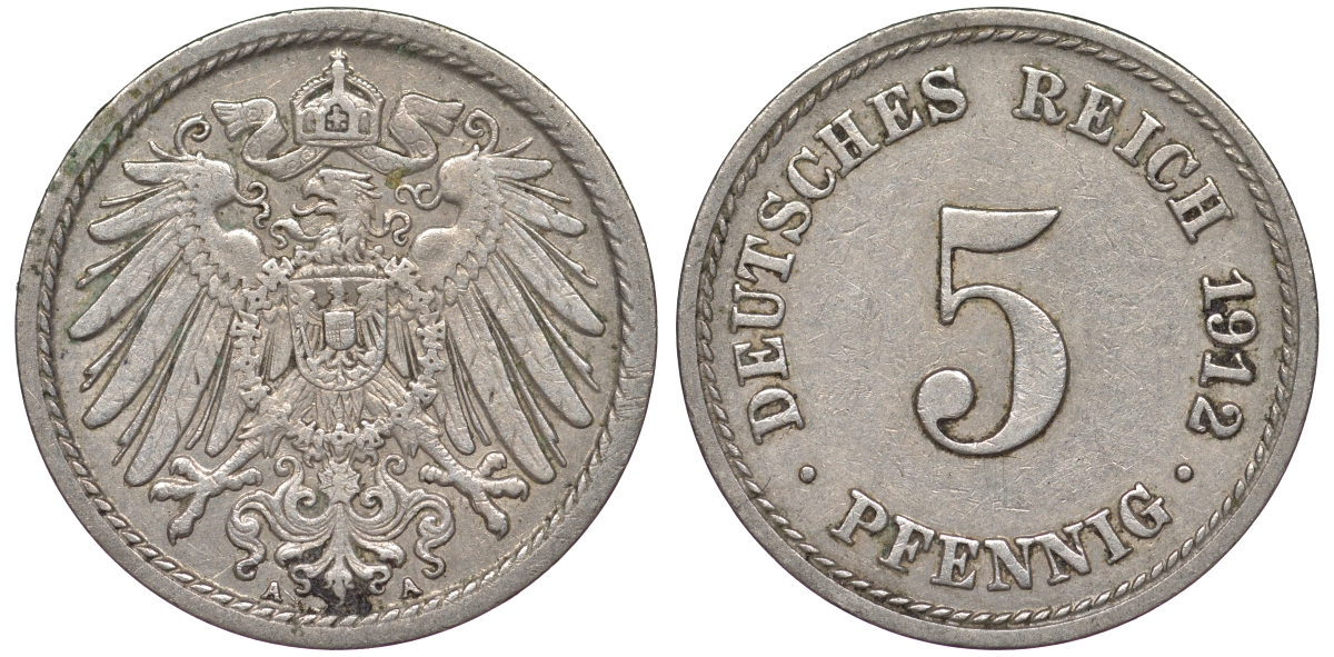 Германия 5 пфеннигов 1912 A, KM 11, J. 12 медно-никель 25-2452