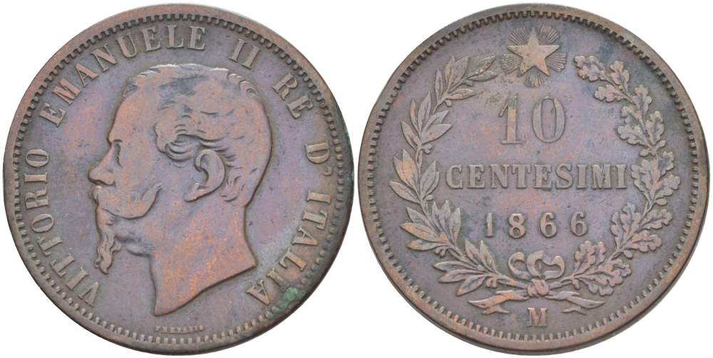 ИТАЛИЯ 10 ЧЕНТЕЗИМО 1866 M, МОНДВОР МИЛАН, ВИКТОР ЭММАНУИЛ II (1861-1878) KM 11.1 медь 4526-743