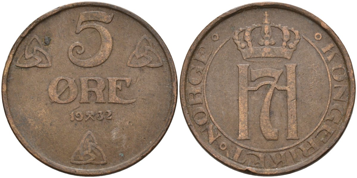 Норвегия 5 эре 1932 Хокон VII (1905-1957) KM 368 бронза 4526-313