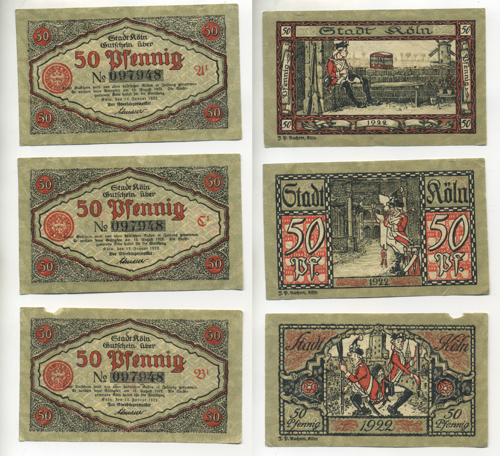 КЁЛЬН НАБОР ИЗ 3 БАНКНОТ ПО 50 ПФЕННИГОВ 1922 НОТГЕЛЬД, ГОРОД КЕЛН, САТИРИЧЕСКИЕ ВОЕННЫЕ, 50, 50, 50 ПФЕННИГОВ, 12 ЯНВАРЯ 1922 - 15 АВГУСТА 1922 Grabowski 717.1 бумага 70-3-1