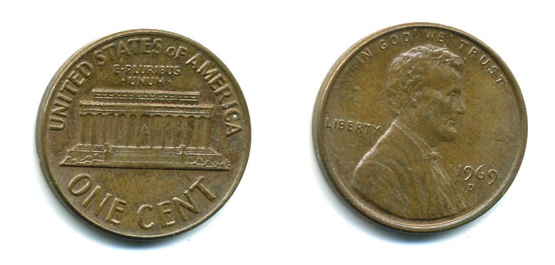 США 1 ЦЕНТ 1969 D, ЛИНКОЛЬН KM 201 медь цинк 76-213