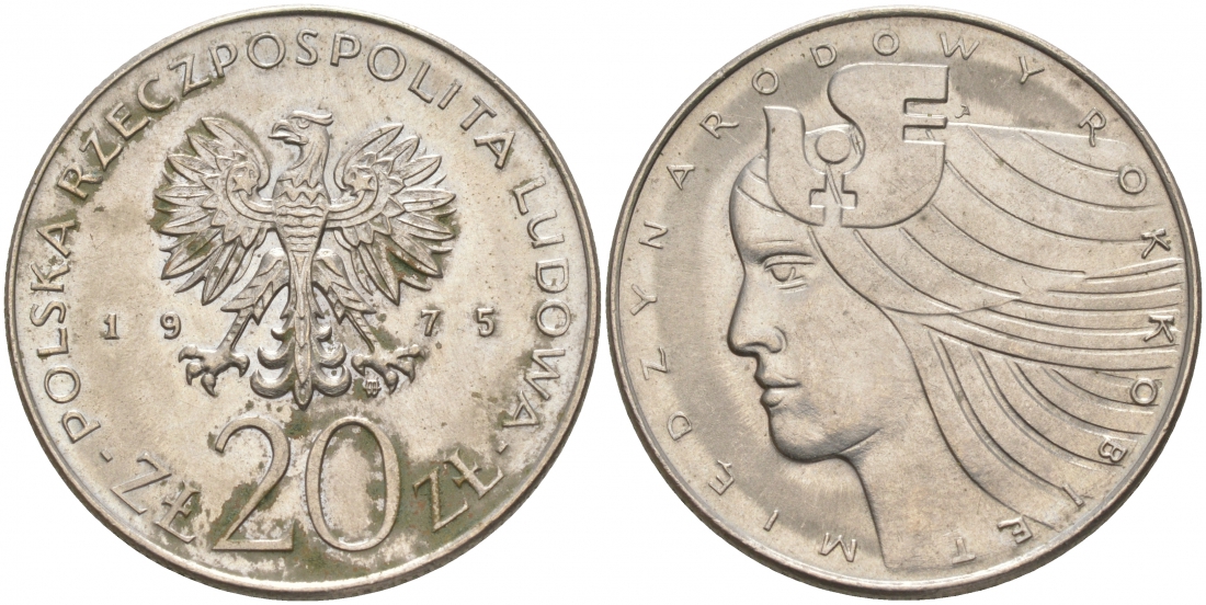 Польша 20 злотых 1975 MW, Международный год женщины KM 75, Parchimowicz 248 медно-никель UNC 69-1011