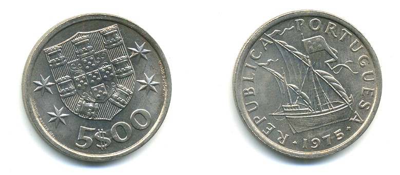 ПОРТУГАЛИЯ 5 ЭСКУДО 1975 ПАРУСНИК KM 591 медно-никель 176-227
