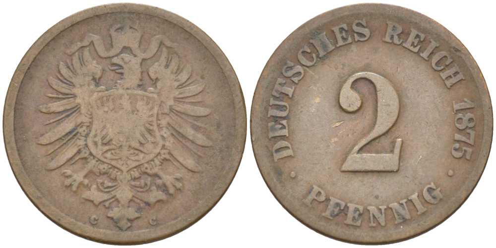 ГЕРМАНИЯ 2 ПФЕННИГА 1875 С, СТАРОГЕРБОВКА KM 2, J. 2, Weege 3 медь 212-611