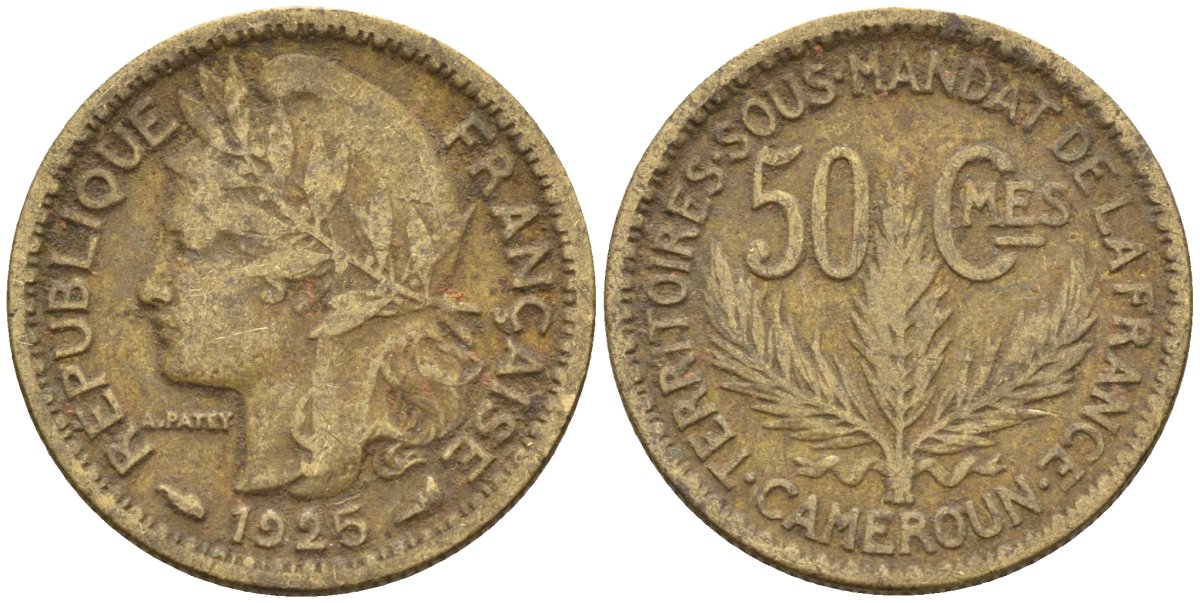 Французский Камерун 50 сантимов 1925 (а), монетный двор Париж KM 1 алюминиевая бронза 4164-1224