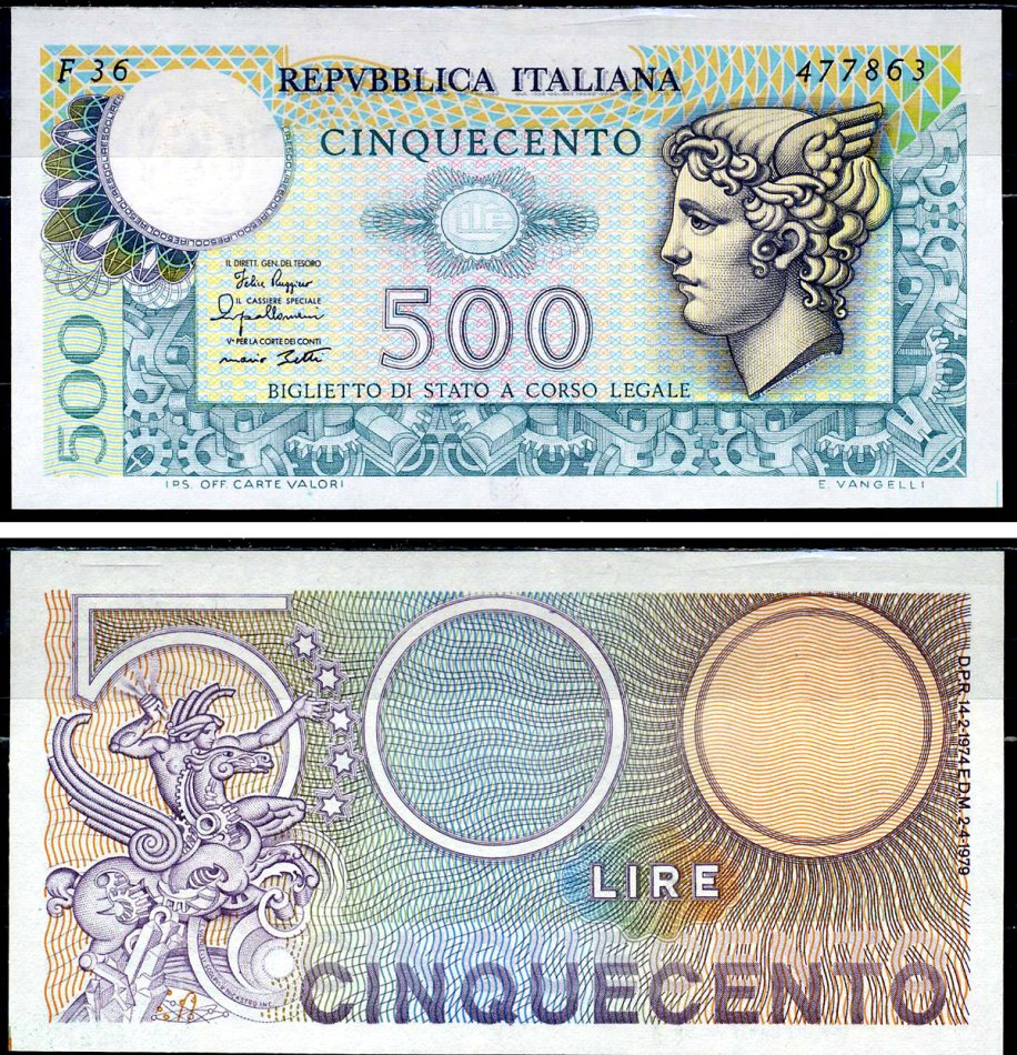 Италия 500 лир 1979 Меркурий Pick 94 бумага UNC (пресс) 2195-6-2-2