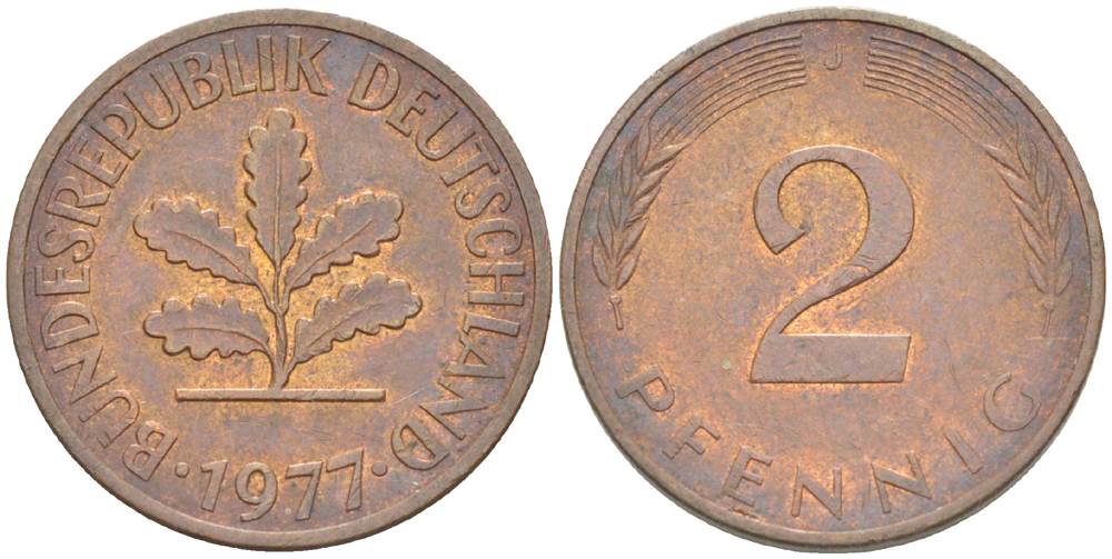 ФРГ 2 пфеннига 1977 J KM 106а, J.381а сталь плакированная медью 4181-823