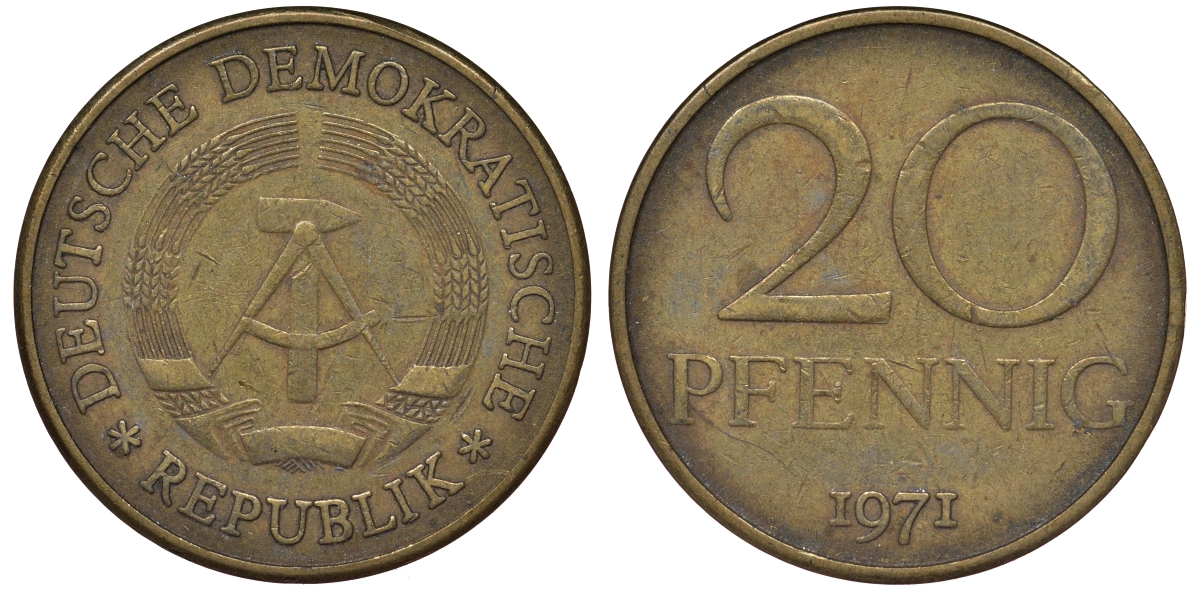 ГДР 20 пфеннигов 1971 А KM 11 латунь 62-1041