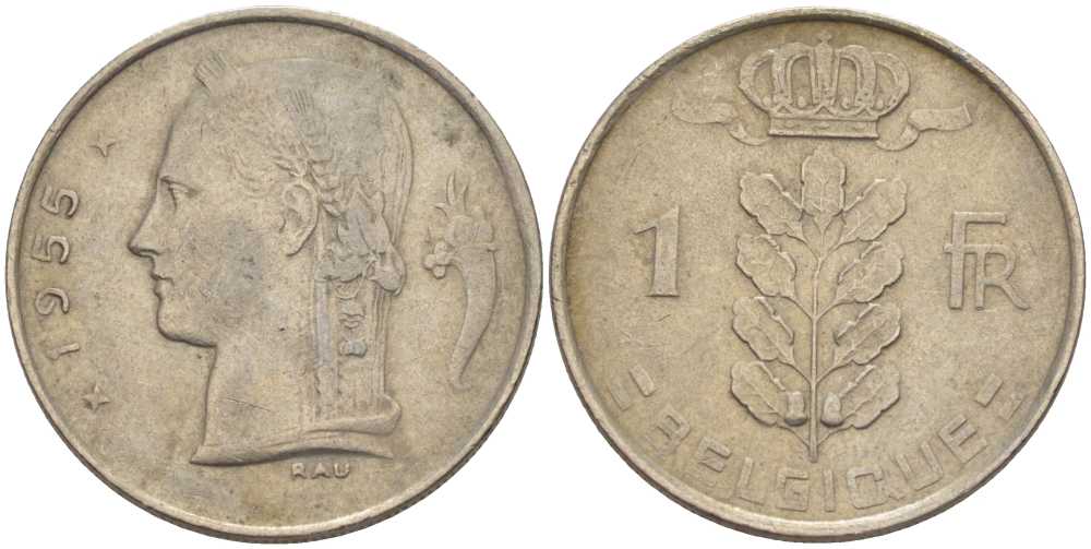 БЕЛЬГИЯ 1 ФРАНК 1955 BELGIQUE, БОДУЭН I (1951-1993) KM 142.1 медно-никель 202-952