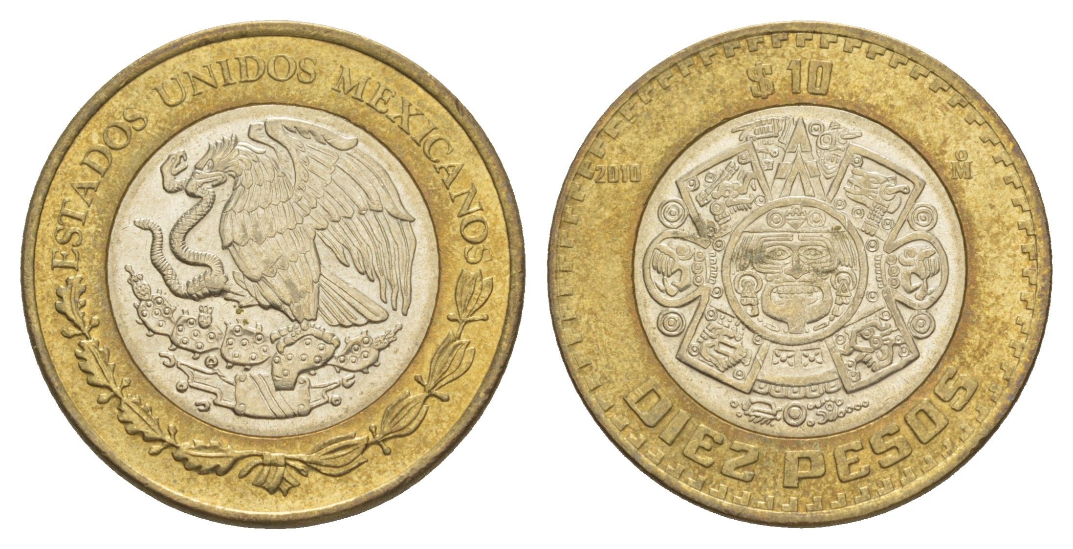 Мексика 10 песо 2010 Мо, бог Тонатиуха с огненной маской KM 616 биметалл aUNC 4637-727