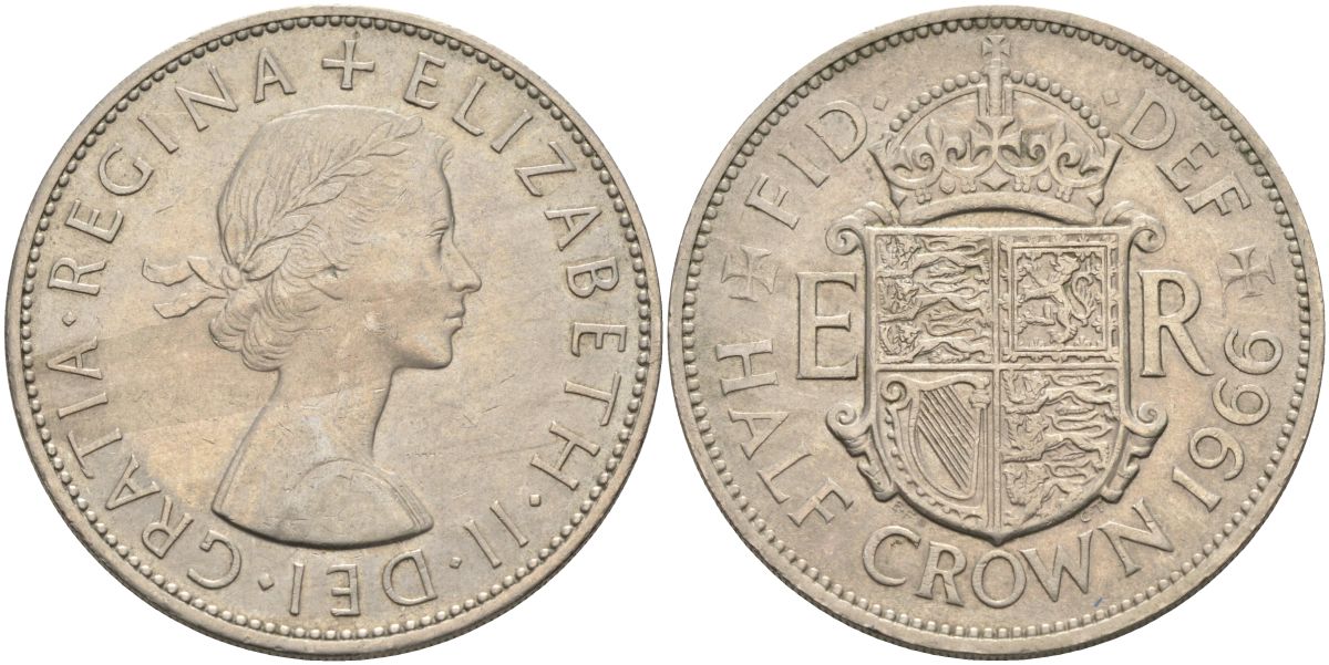 Великобритания 1/2 кроны 1966 Елизавета II (1952-2022) KM 907, Spink 4145 медно-никель 4117-946