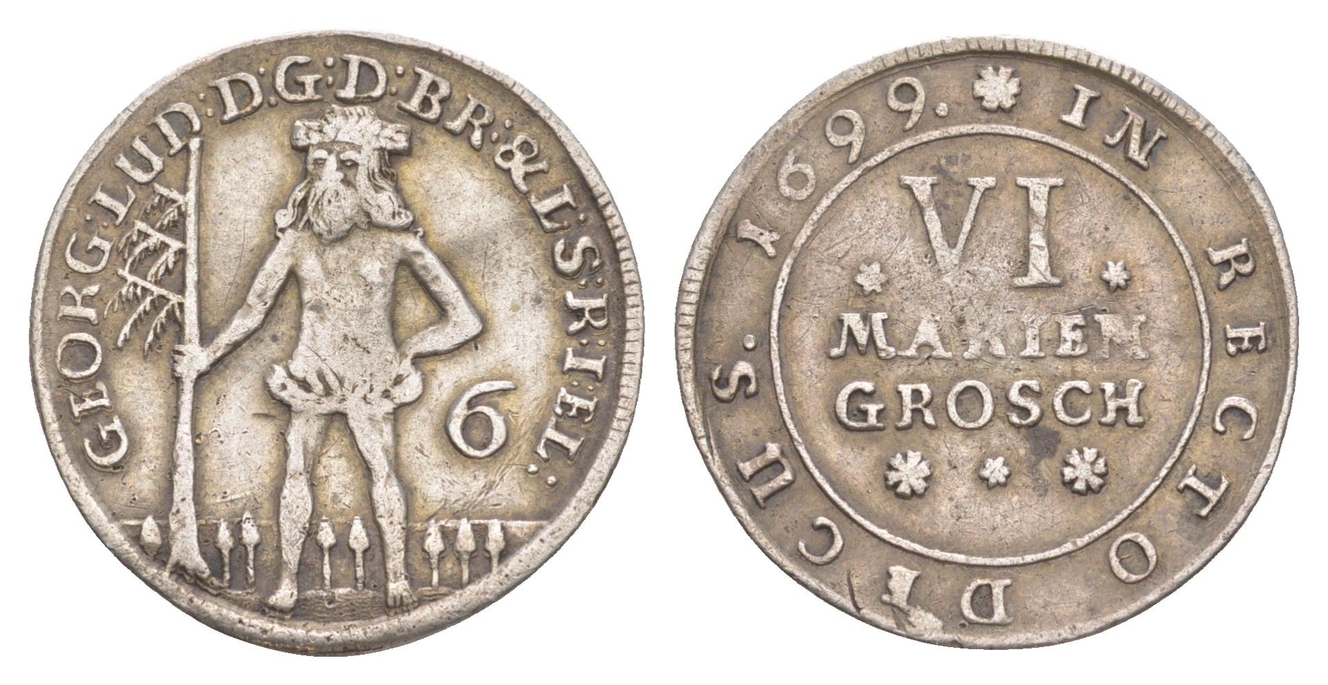 Брауншвейг-Каленберг-Ганновер 6 мариенгрошей 1699 дикарь, Георг I (1698-1727), из коллекции Ричарда Б. Смита Welter 2178 серебро 1525-124