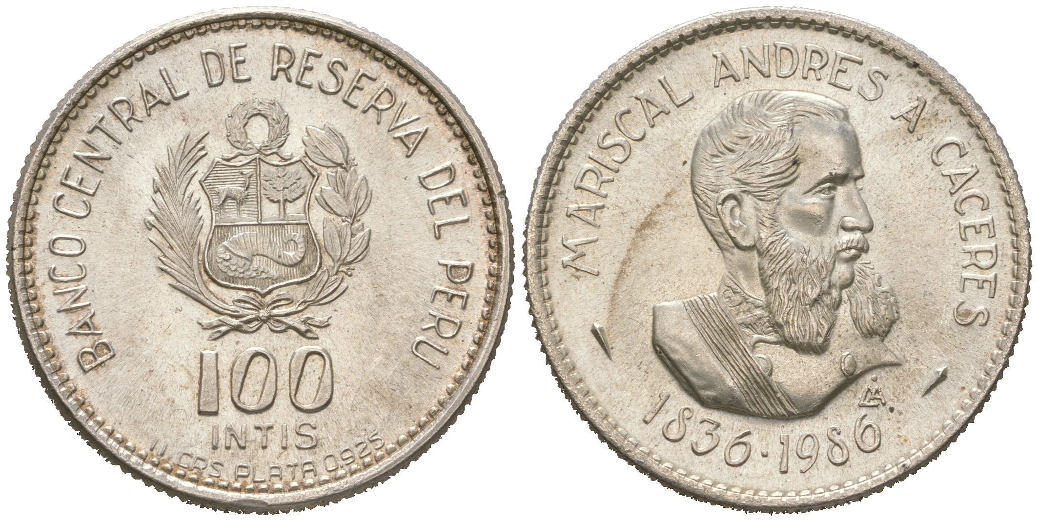 Перу 100 инти 1986 150 лет со дня рождения Андрес Авелино Касерес KM 298 серебро  UNC  413-4244