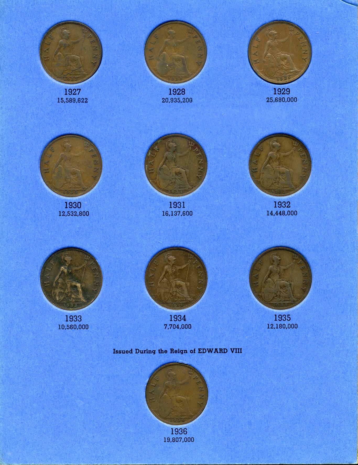 Великобритания набор (погодовка) из 34 монет (номиналом в 1/2 пенни) 1902-1936 Первые британские короли Виндзорской (Саксен-Кобург-Готской) династии - Эдуард VII (1901-1910) и Георг V (1910-1936) Отсутствуют 3 монеты - 1905, 1906 и 1910 года бронза 7-4-64