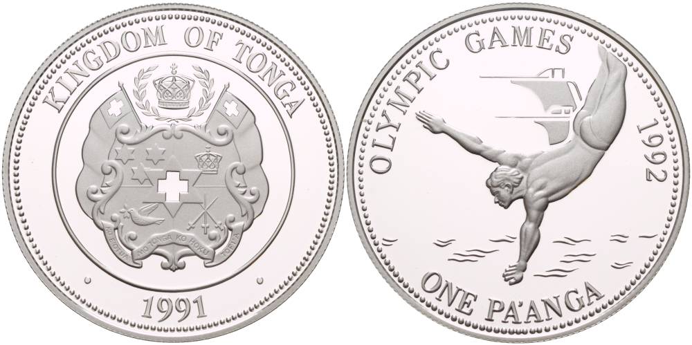 Тонга 1 паанга 1991 XXV летние Олимпийские игры в Барселоне 1992 года, прыжки с трамплина в воду KM 140 серебро PROOF 1088-10-41