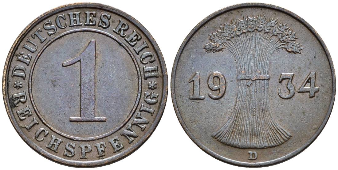 ГЕРМАНИЯ 1 РЕЙХСПФЕННИГ 1934 D KM 37, J. 313, Weege 2 бронза 4547-212