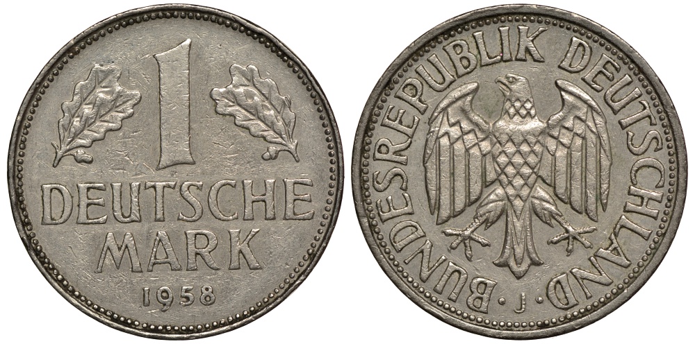 ФРГ 1 марка 1958 J KM 110, J. 385 медно-никель 603-1312