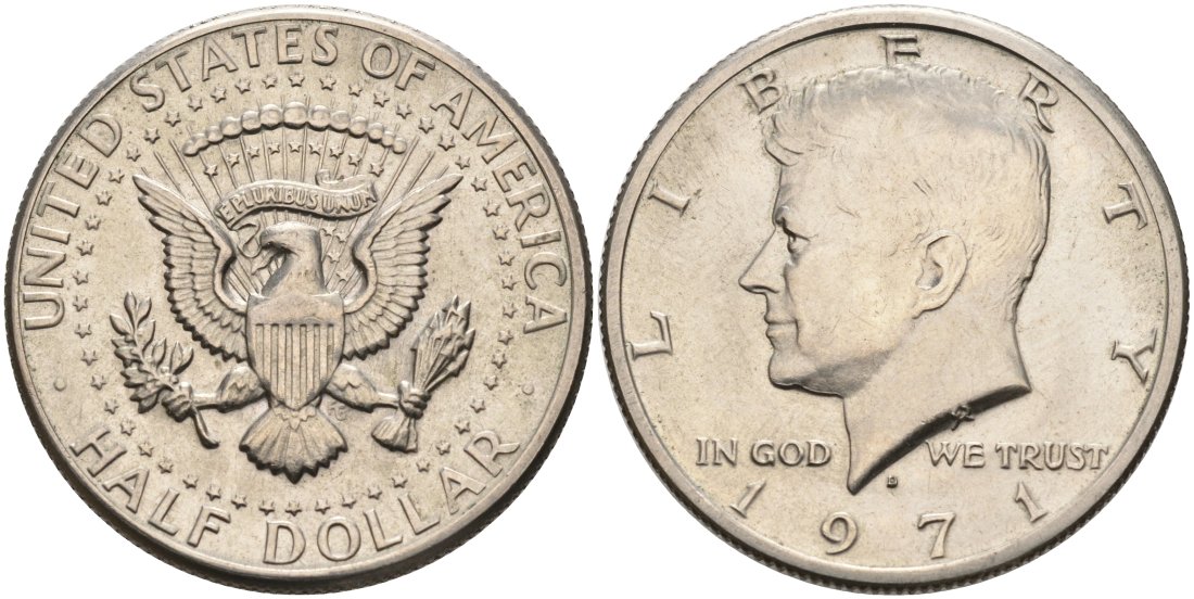 США 1/2 доллара (50 центов) 1971 D, Джон Кеннеди KM 202b медь плакированная медно-никелем 4565-621